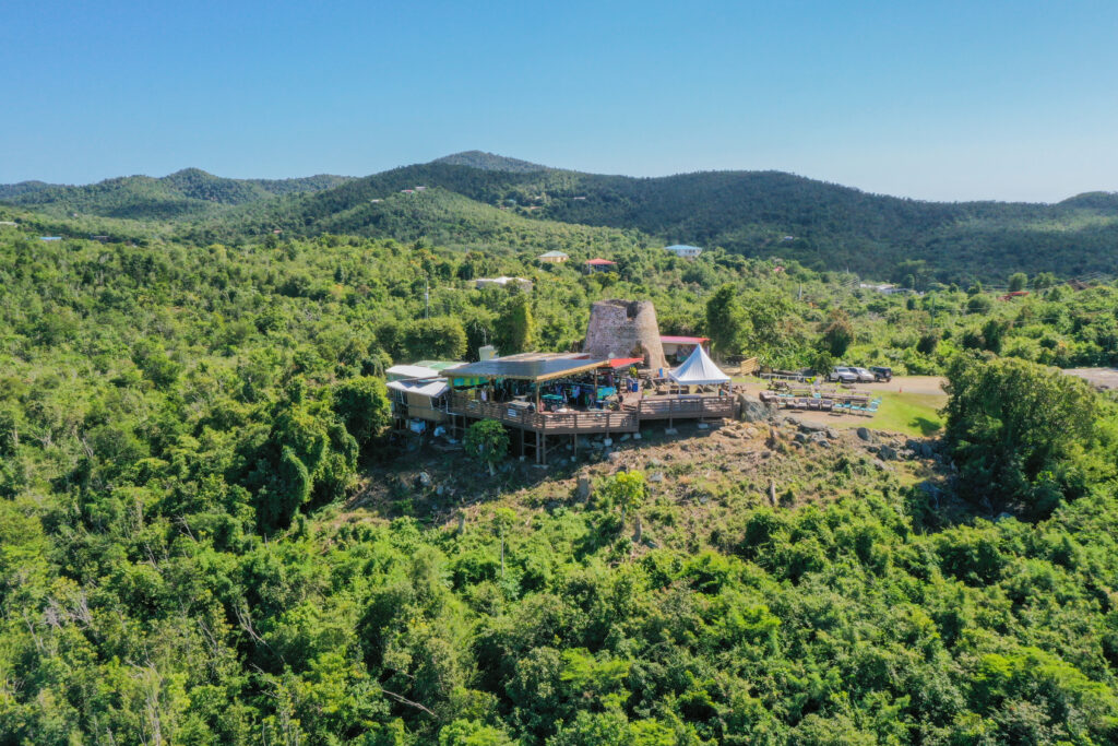 The Windmill Bar on the ridge above Cruz Bay, St. John, with turquoise bays below