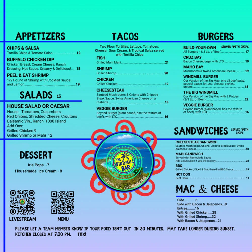 The Windmill Bar Menu