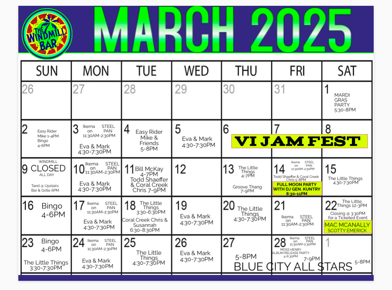 March Live Music Windmill Bar St John 2025