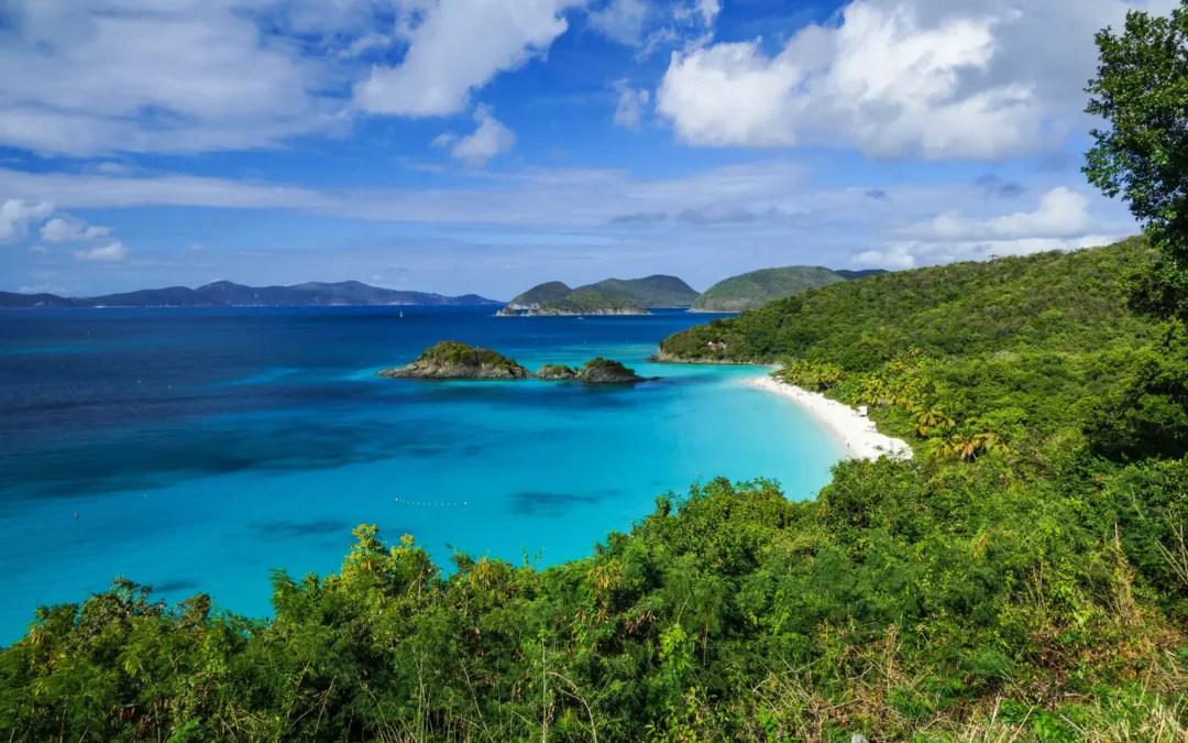 Trunk Bay St John beach and Trunk Cay from the overlook, turquoise water and green hills